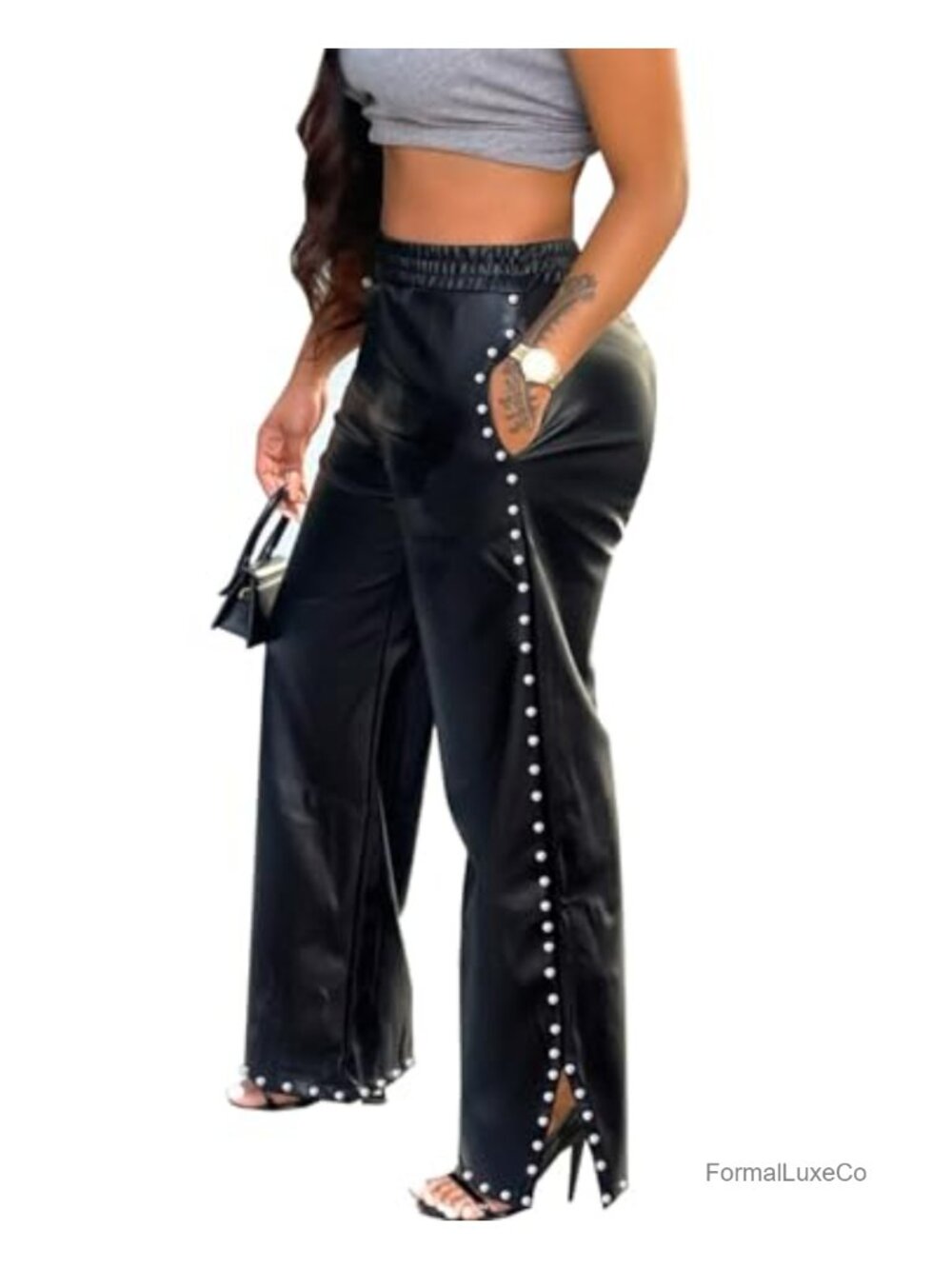 Faux Leather Wide Leg Pants Rivets Pearls Elastic Waist Trousers Pockets